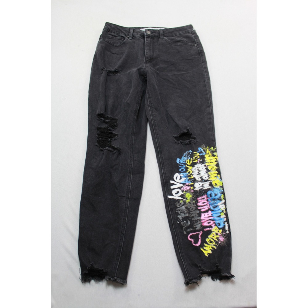 Tinseltown Graffiti Distressed Jeans Womens 11 Black Excellent Ripped Raw Hem